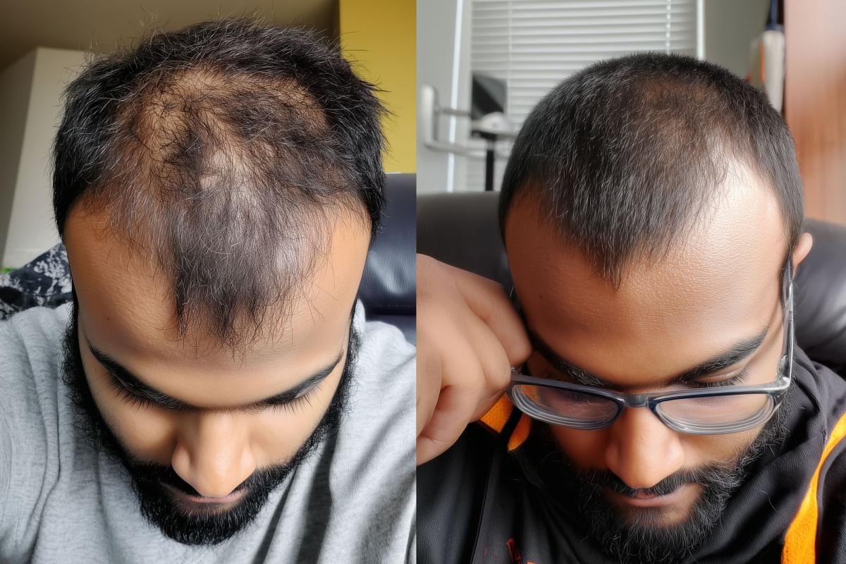 Before and after hair restoration comparison.