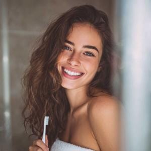 Smiling woman holding a toothbrush in bathroom