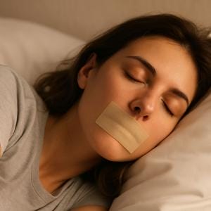 Woman sleeping with patch over mouth for better sleep.