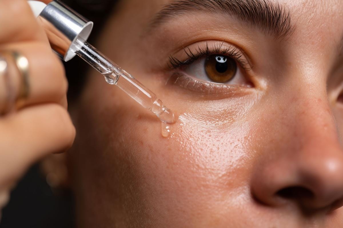 Applying serum to face with dropper