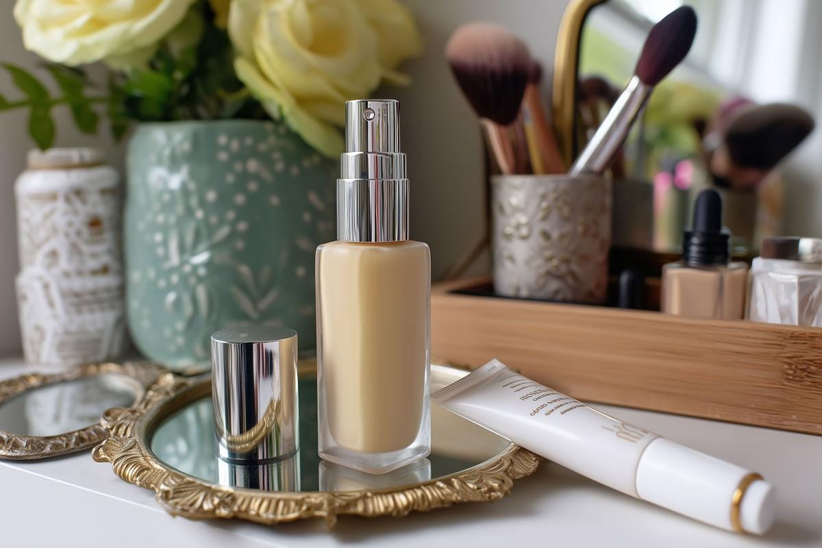 Cosmetic products on vanity with flowers and brushes.