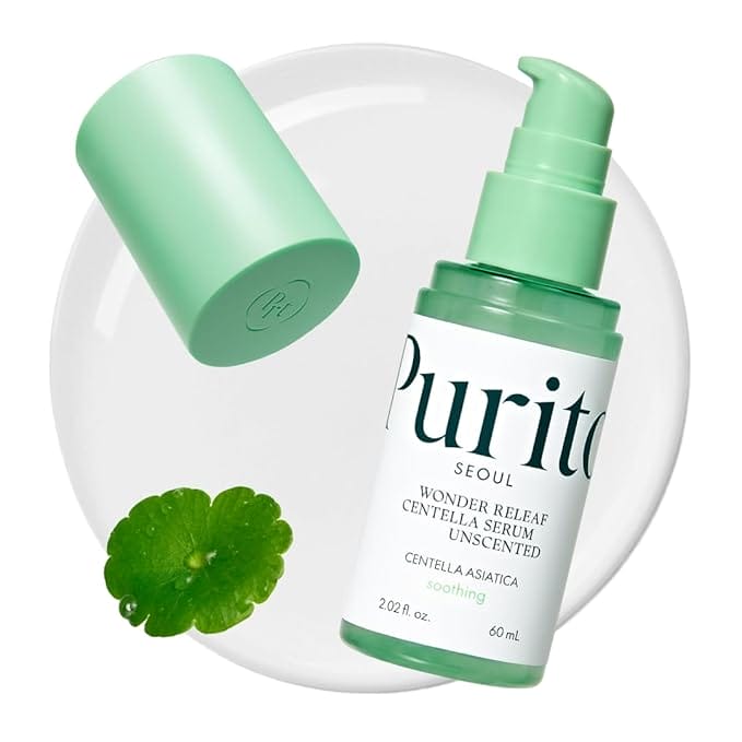 Purito centella serum bottle with leaf and cap.