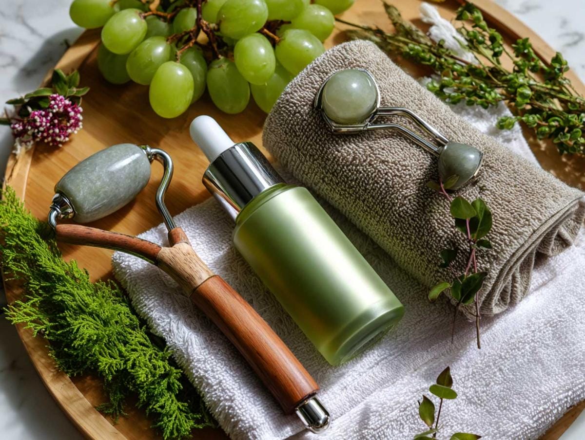 Spa essentials with jade rollers and serum.