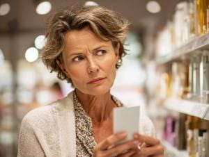 Woman reading product label in store aisle.