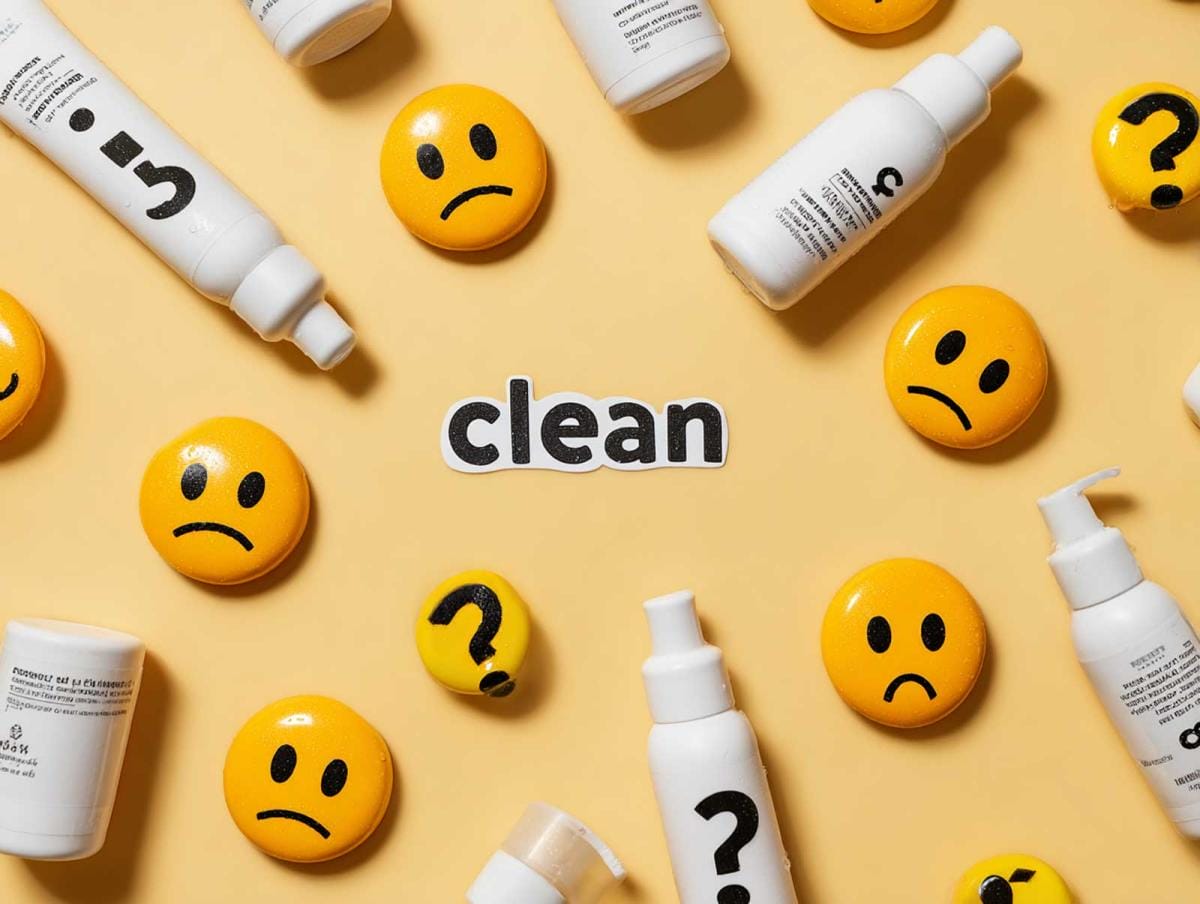 Skincare products and emoji on yellow background