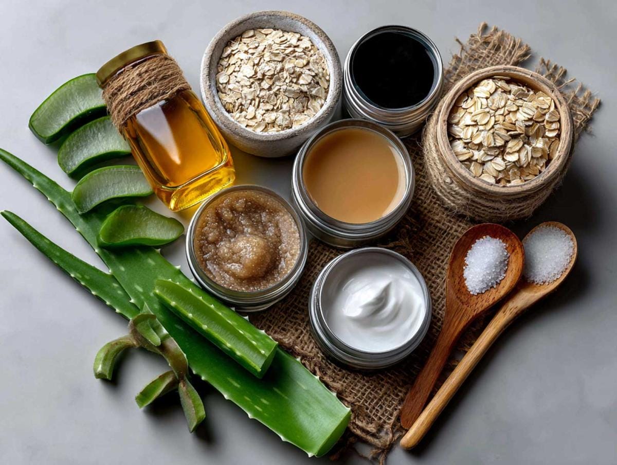 Natural skincare ingredients with aloe, oats, honey, cream.