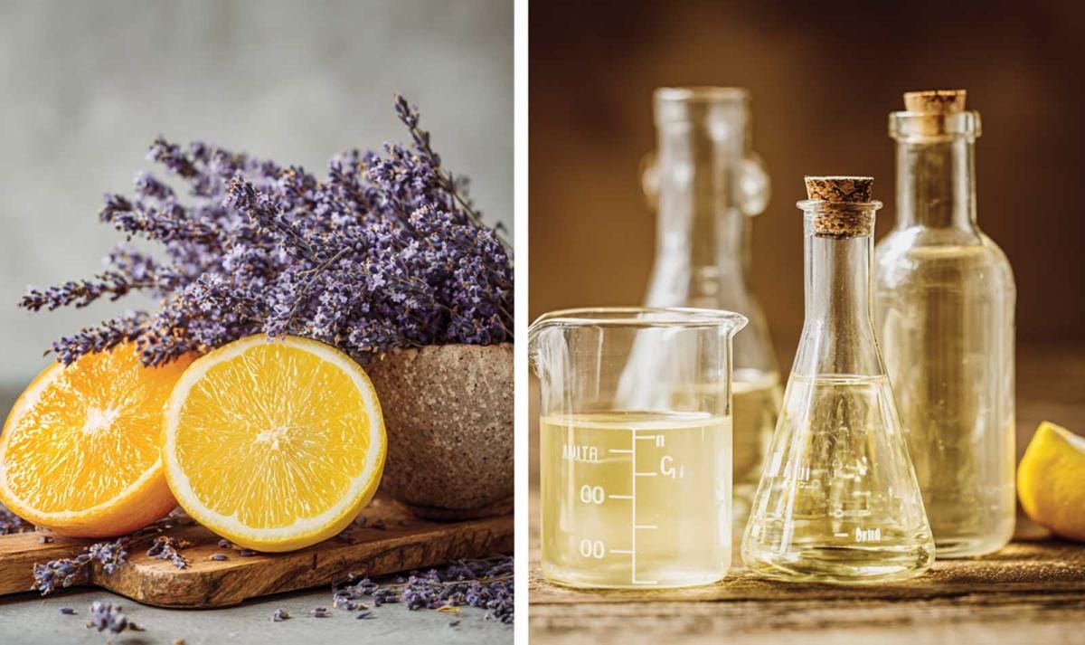 Lavender, oranges, and glass jars on wooden table