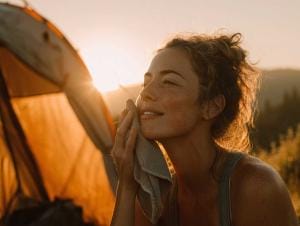 Woman relaxing by tent at sunset