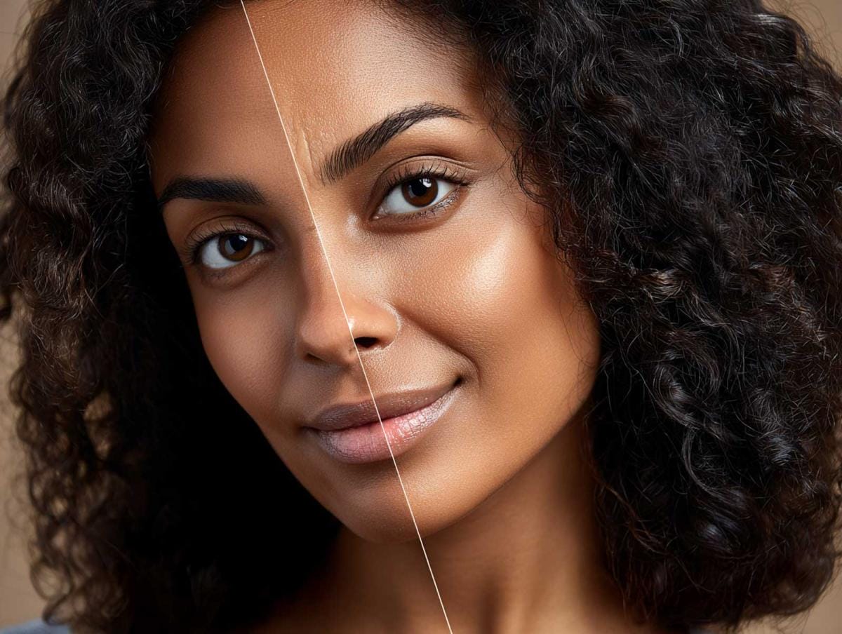 Woman's face before and after skincare treatment.