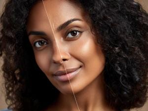 Woman's face before and after skincare treatment.