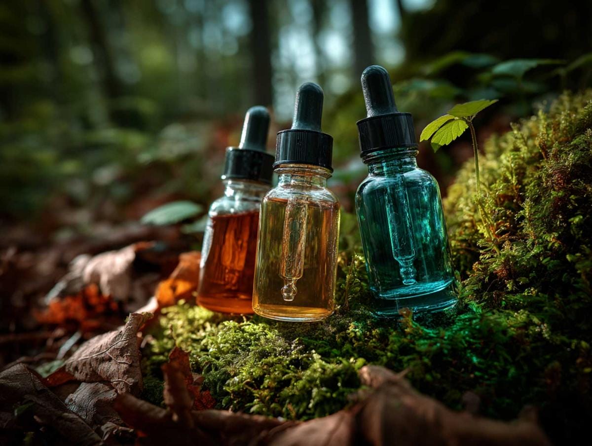 Three dropper bottles on forest floor.