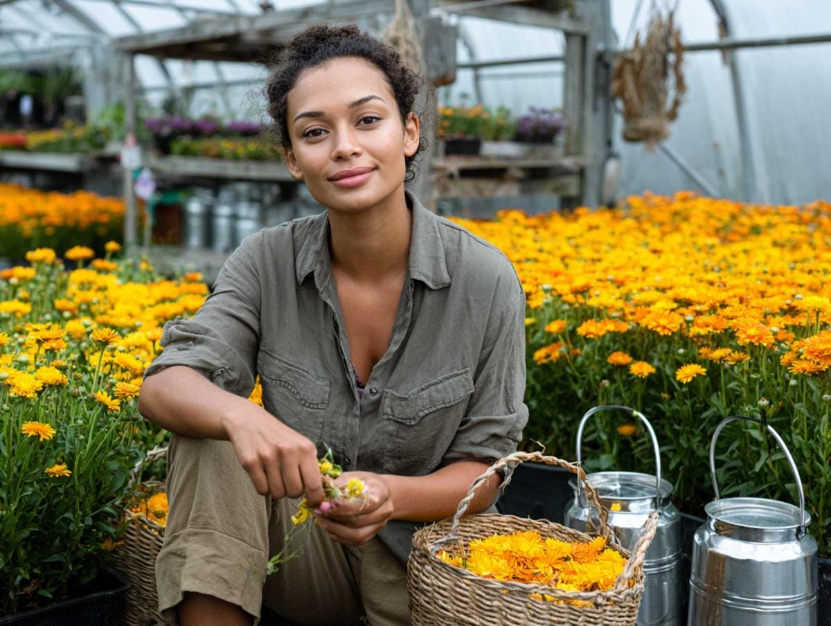 Person with flowers and baskets in greenhouse.
