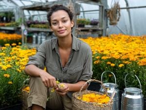 Person with flowers and baskets in greenhouse.