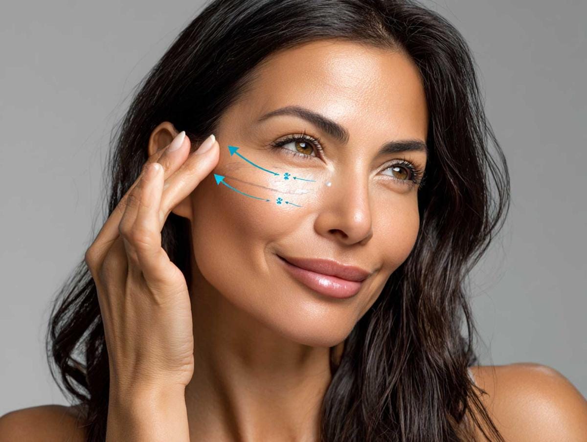Woman applying skincare cream under eyes.