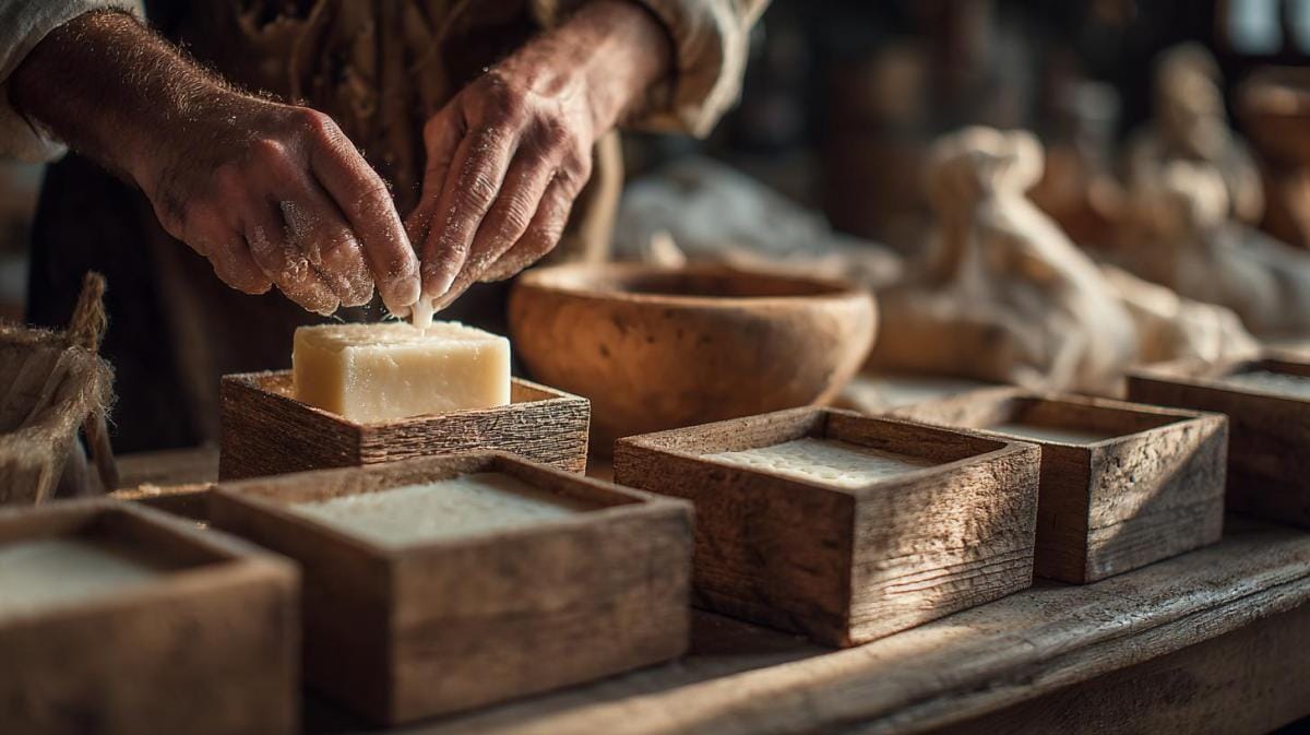 Artisan making handmade soap in wooden molds.