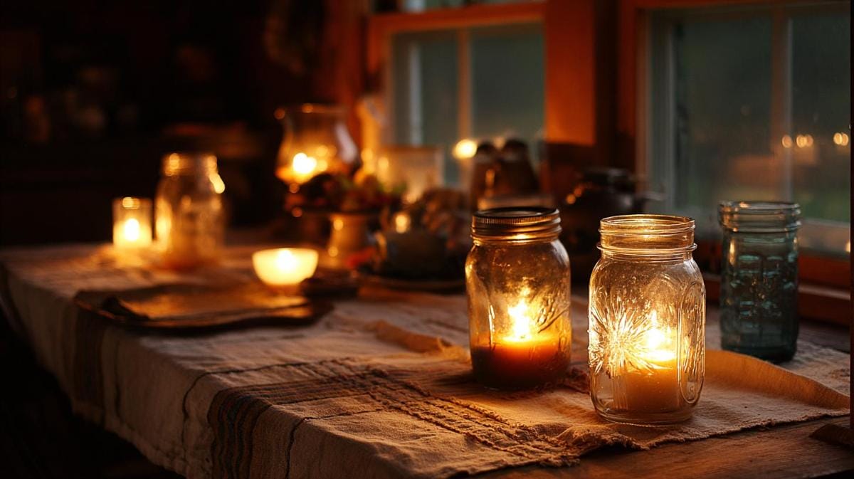 Cozy candlelit kitchen table with jars and candles.
