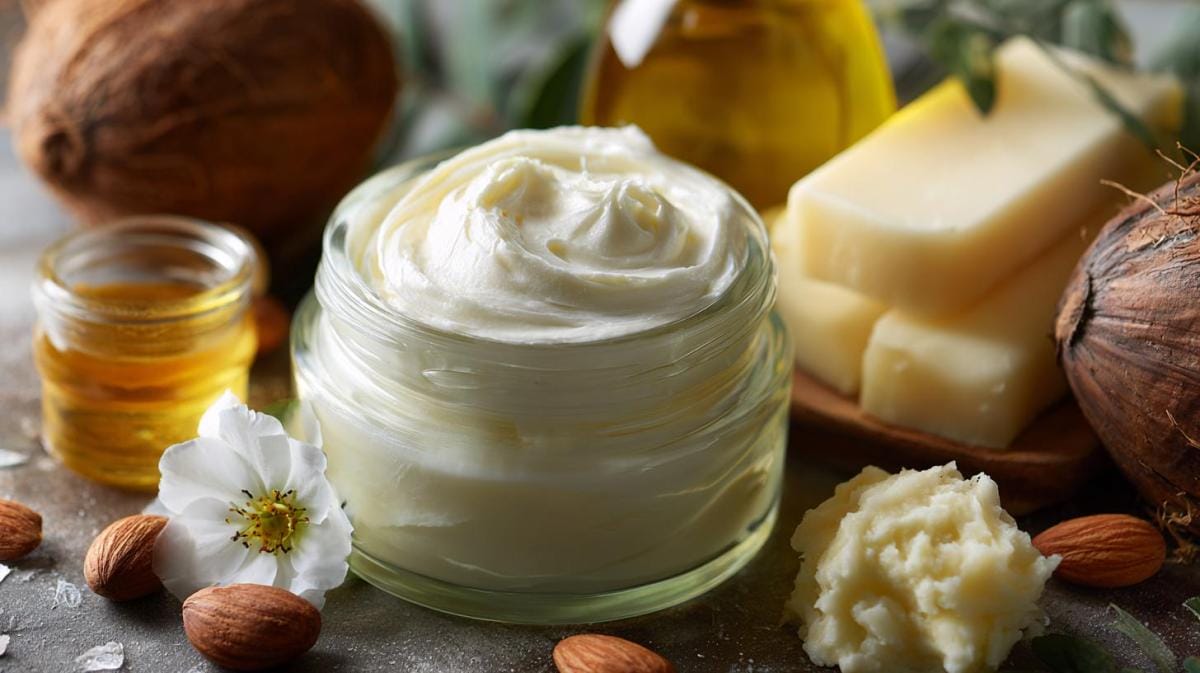 Natural skincare ingredients with cream and coconut oil.