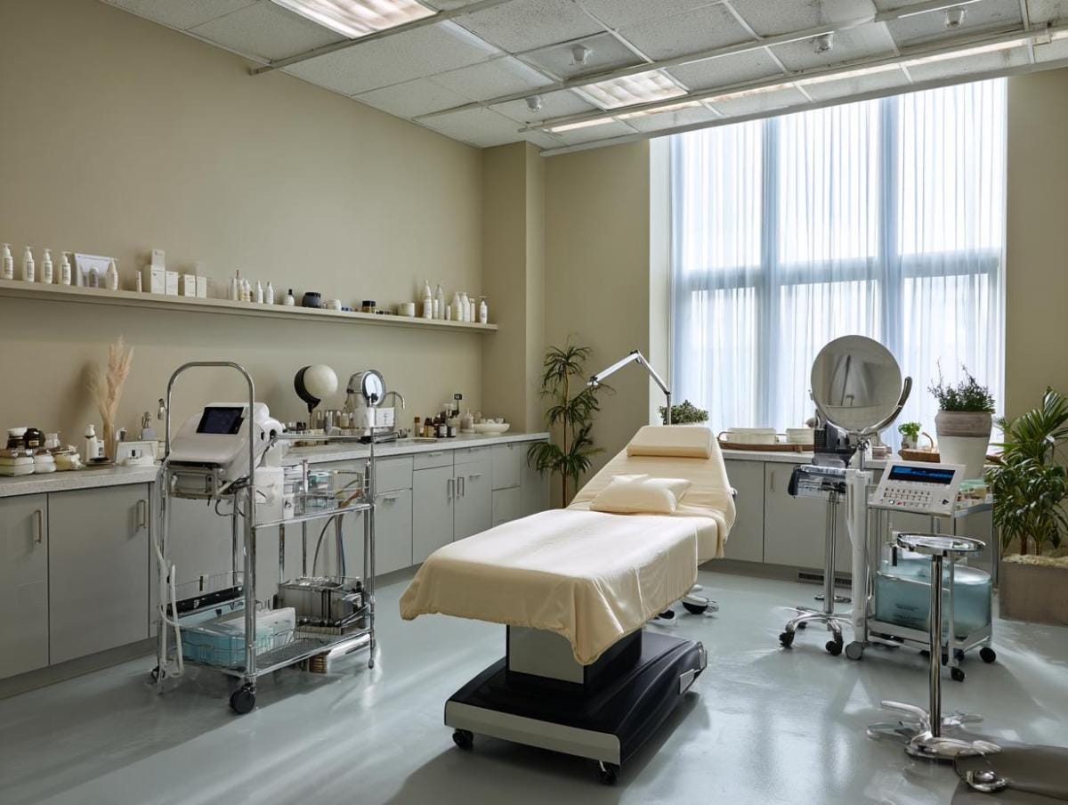 Modern skincare clinic with treatment bed and equipment.