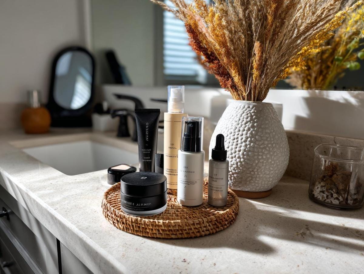 Bathroom counter with skincare products and vase.