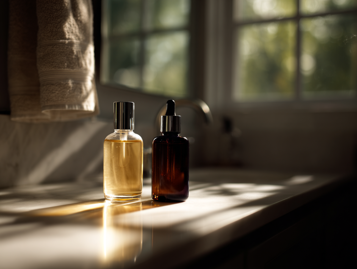 Two bottles on sunlit bathroom counter.