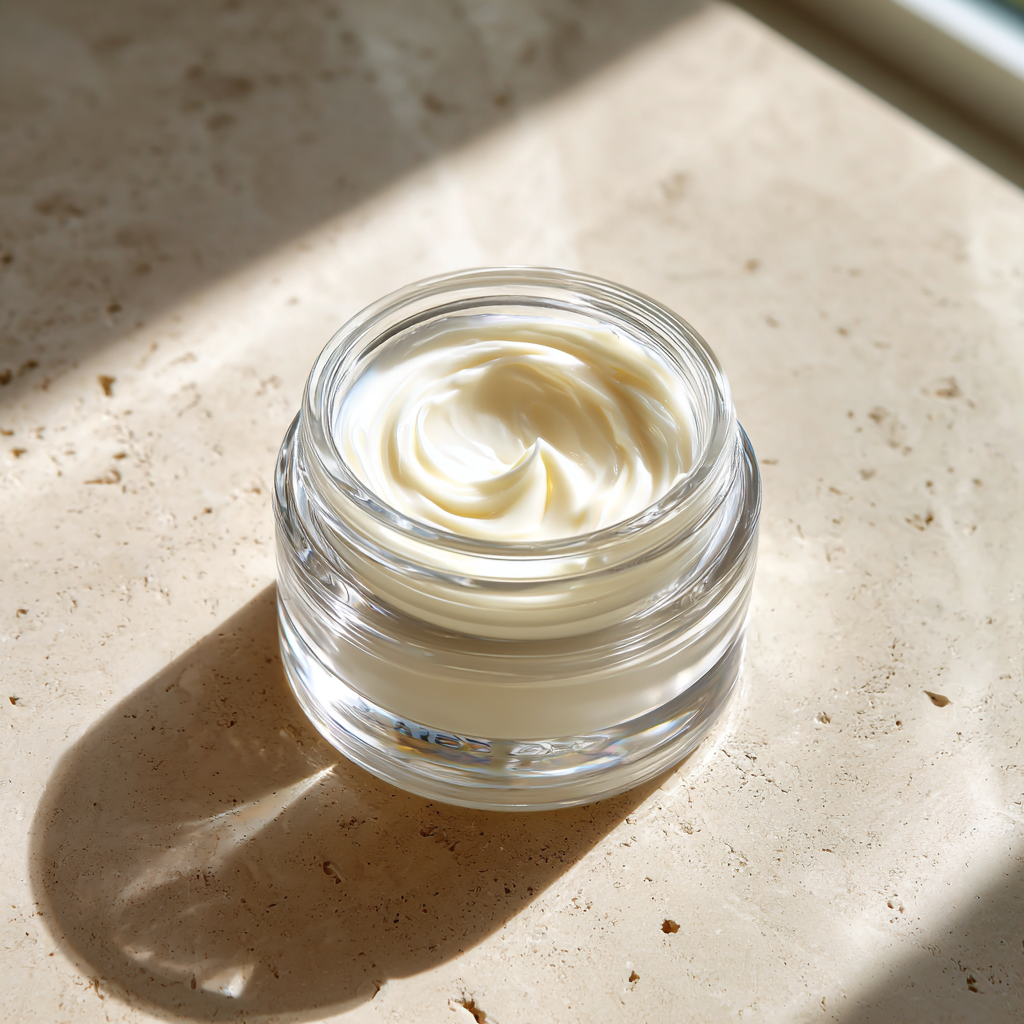 Open jar of face cream on marble surface.