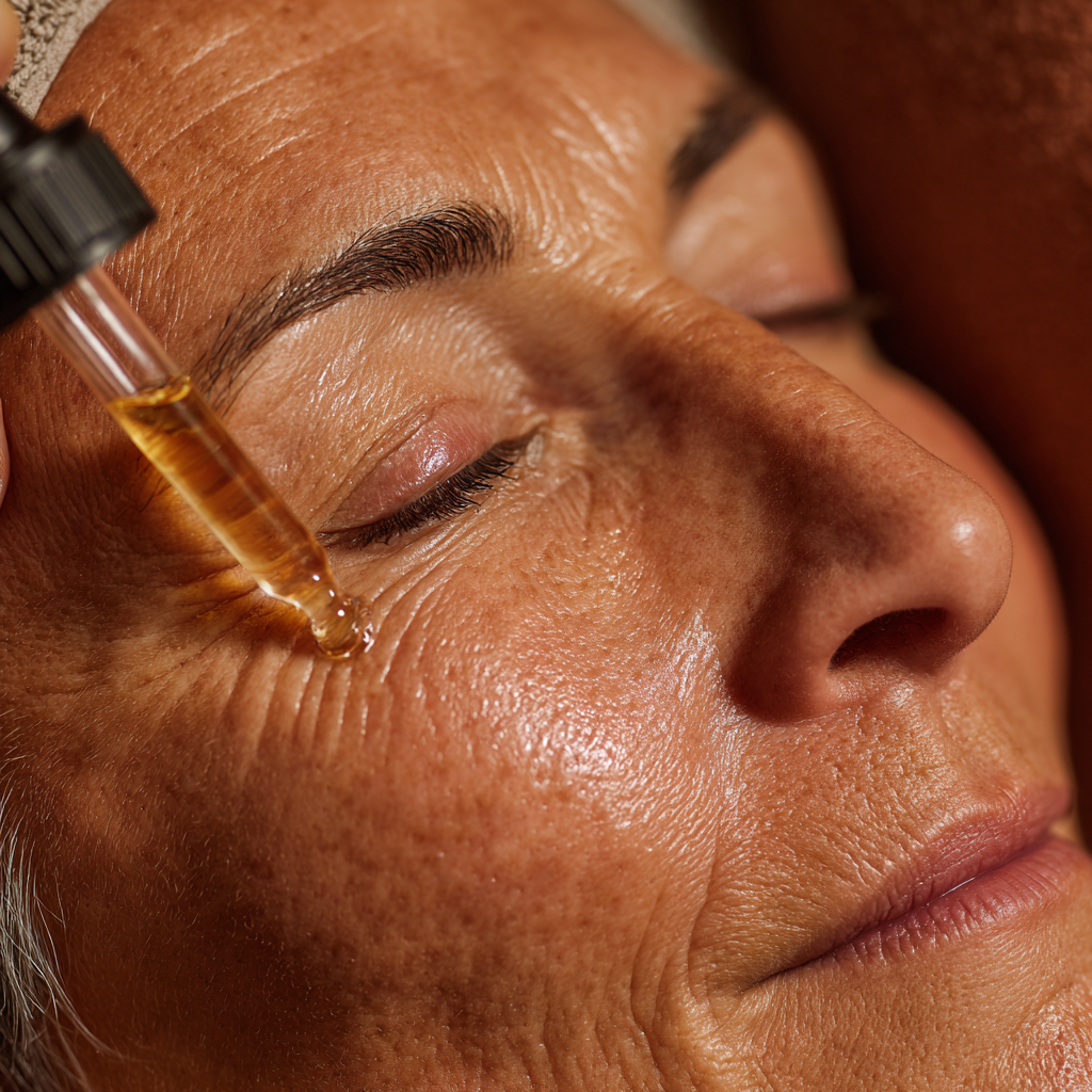 Facial oil applied on mature woman's skin.