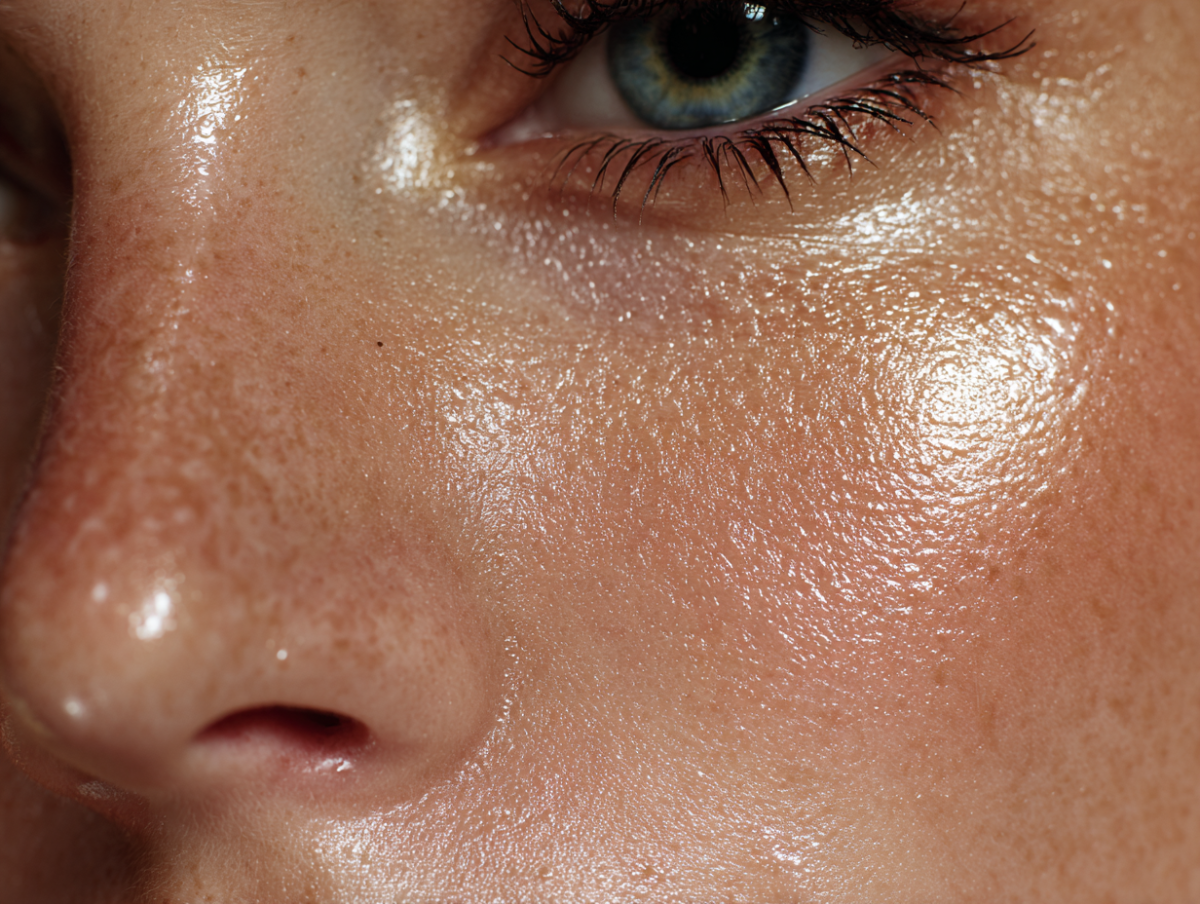 Close-up of shiny, oily skin on face