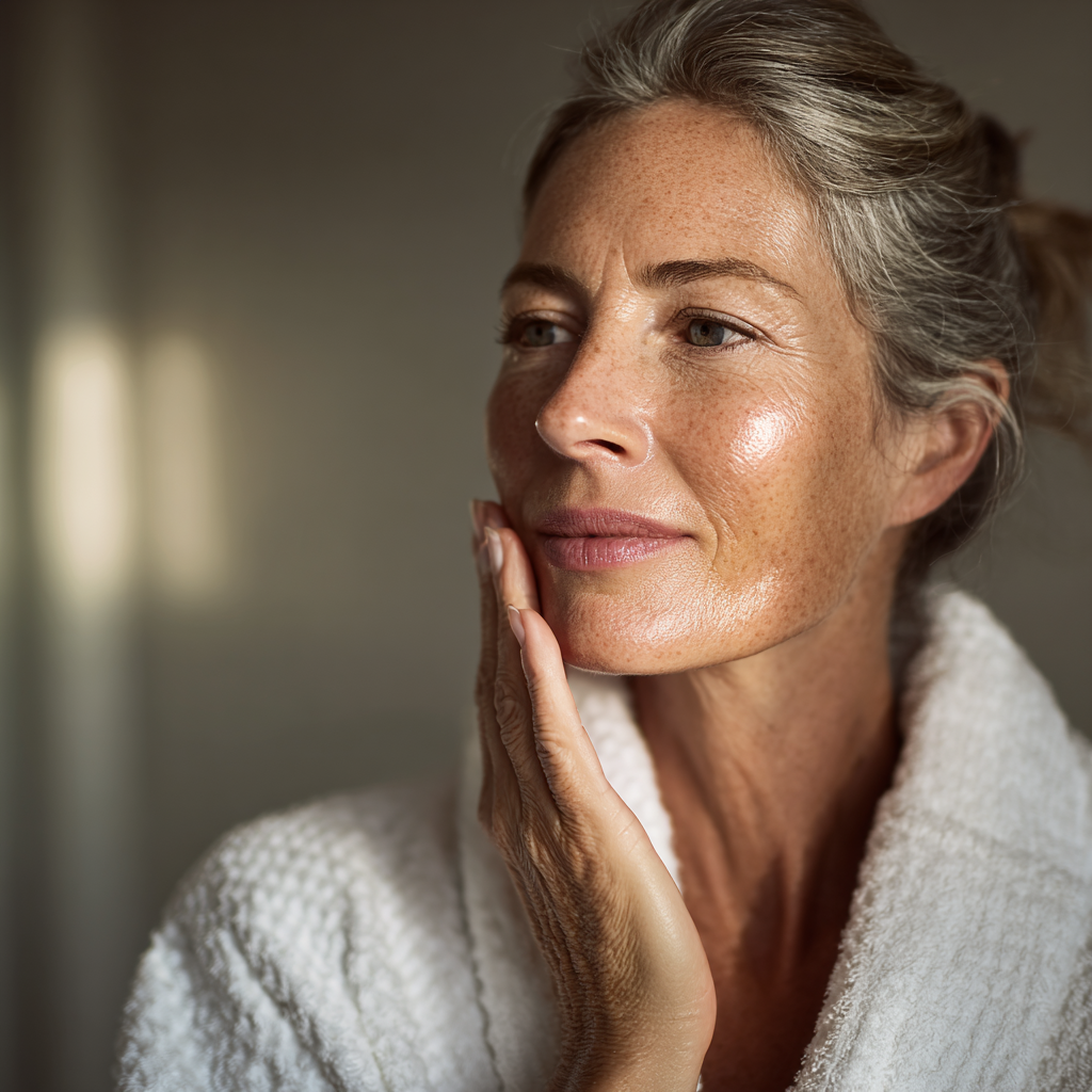 Woman with glowing skin in bathrobe.