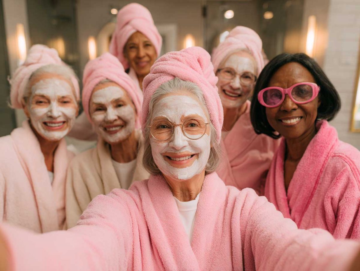 Smiling women in spa robes and face masks