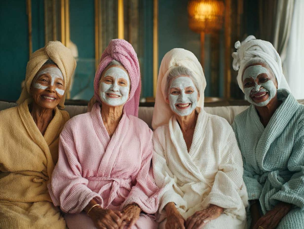 Women in bathrobes with face masks smiling