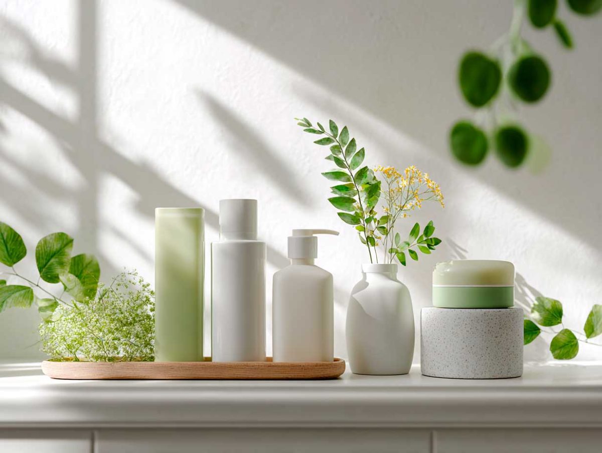 Natural skincare products on a sunny shelf.