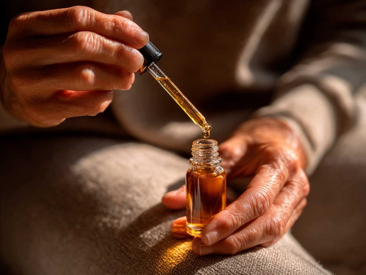 Hands using a dropper with oil
