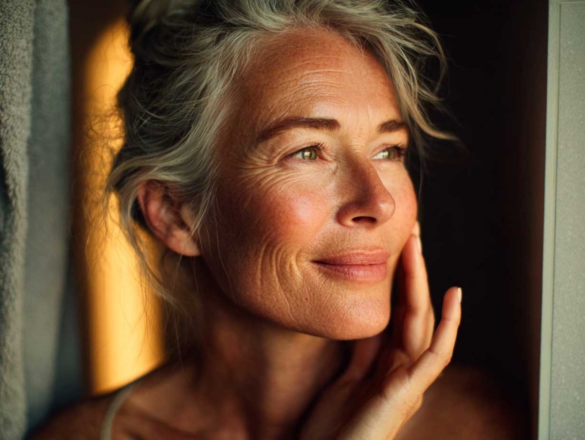 Smiling older woman looks into light