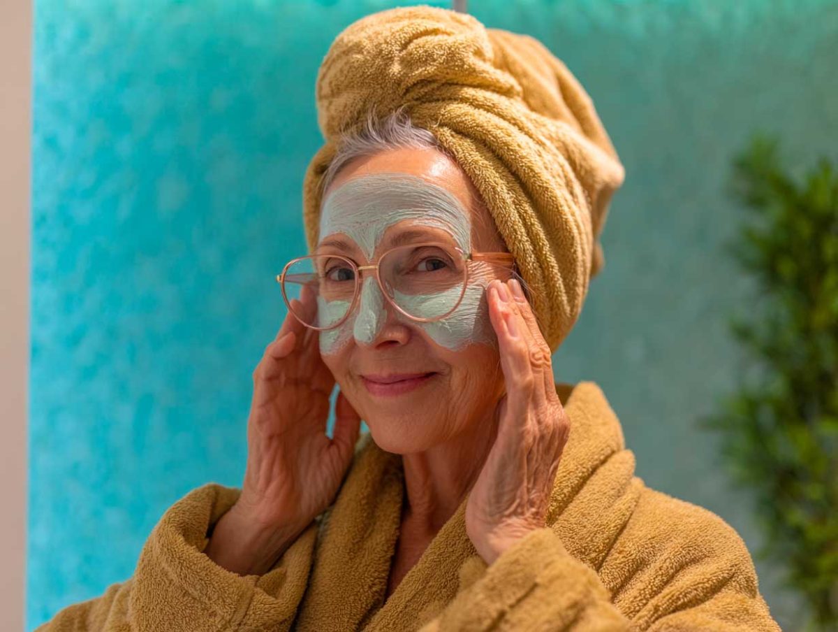Elderly woman in spa attire with face mask