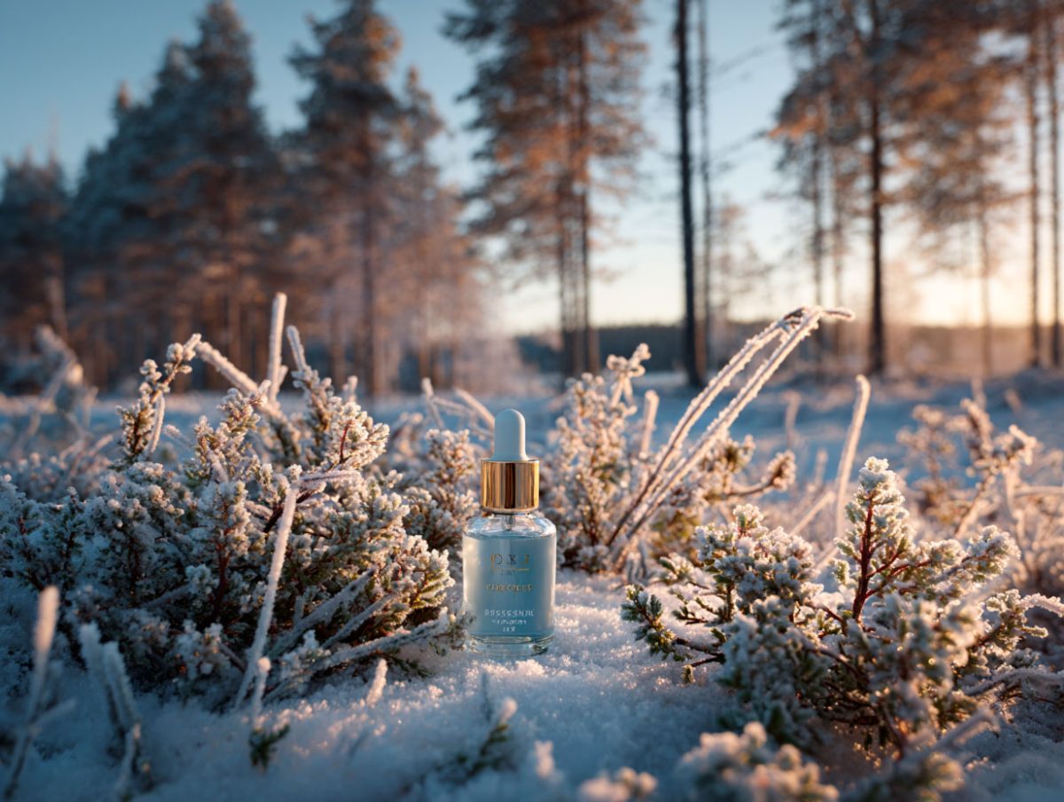 Serum bottle in snowy winter landscape