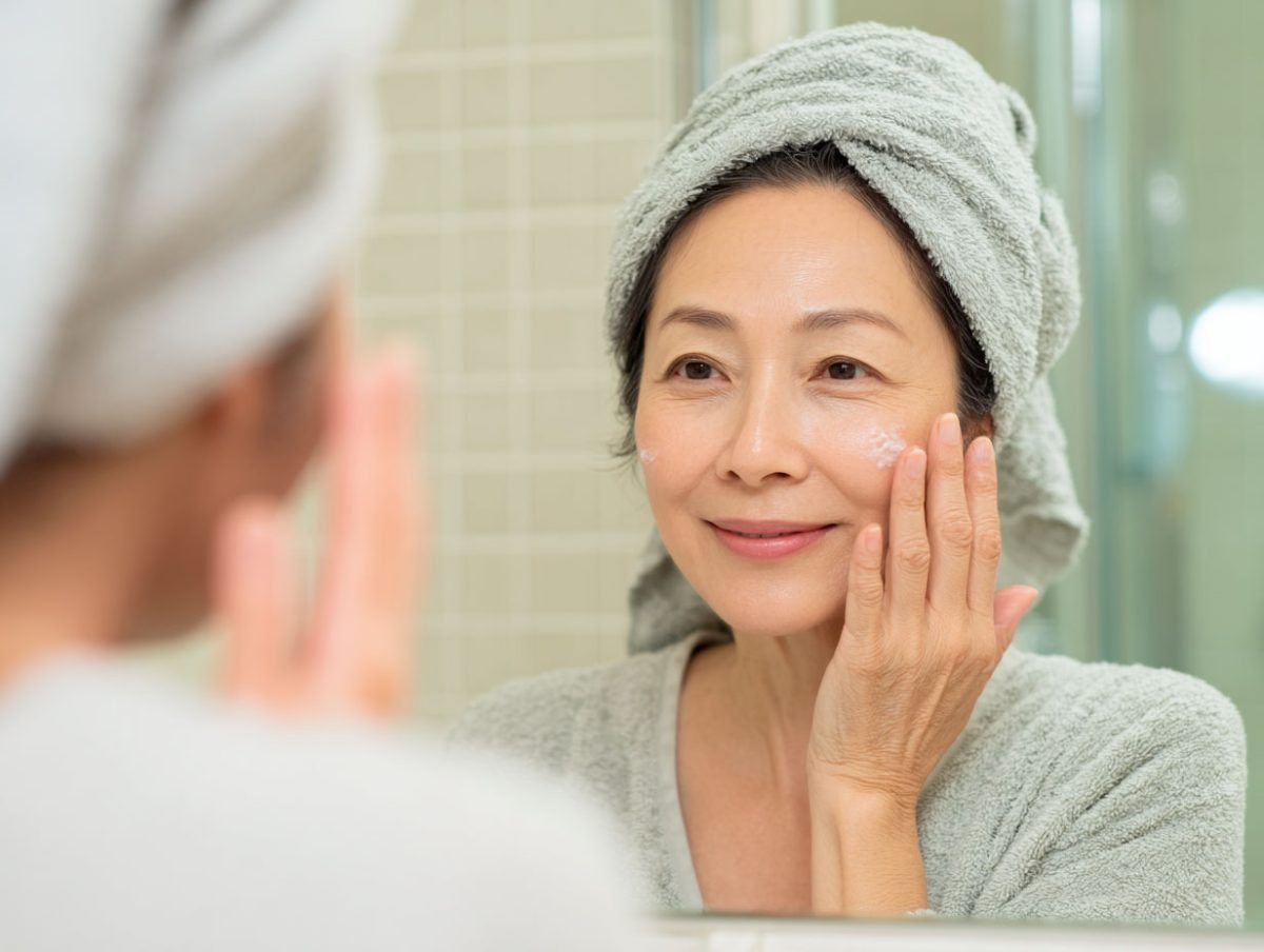 Woman applying face cream in mirror