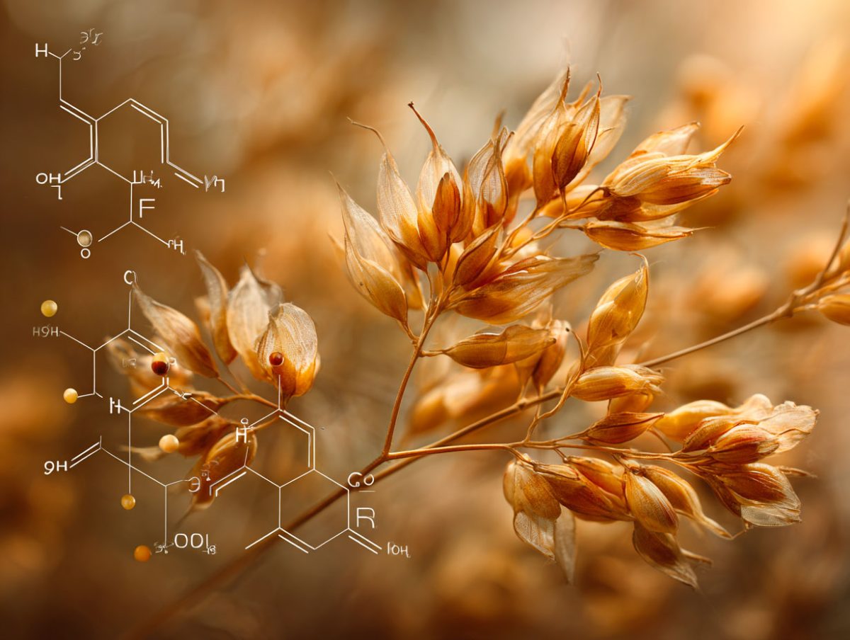 Golden grains with chemical structure overlay