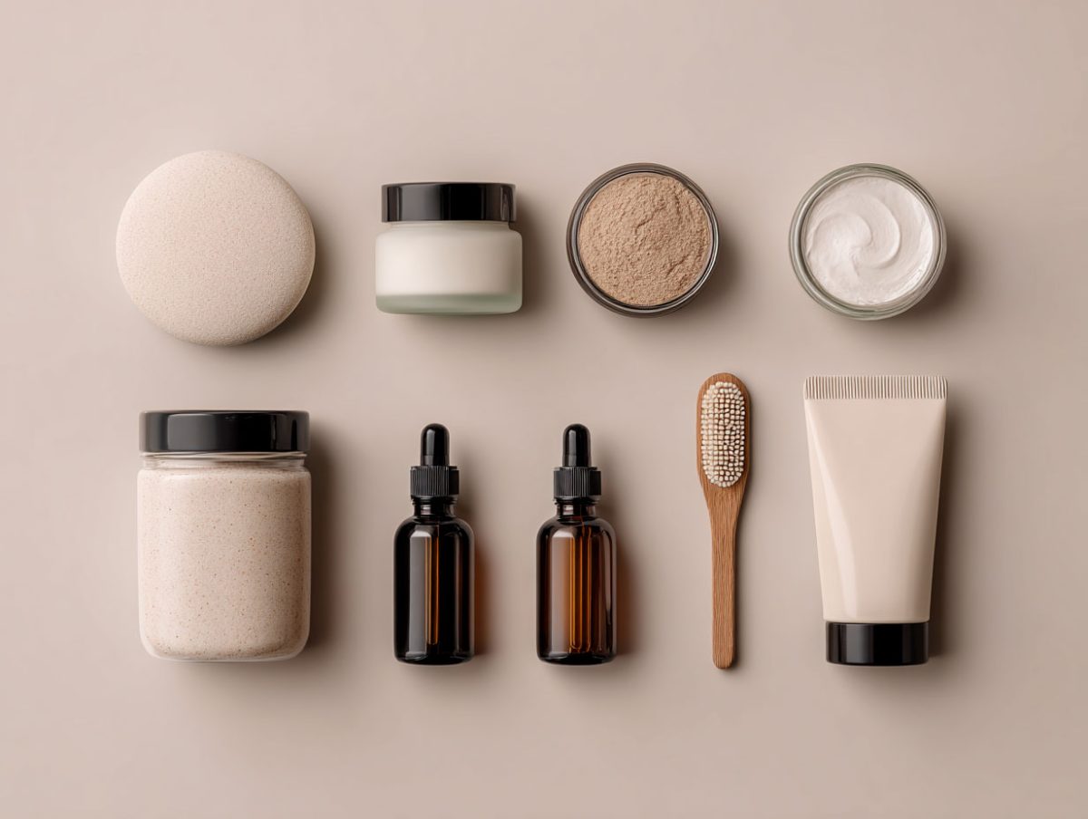 Assorted skincare and beauty products on beige background.