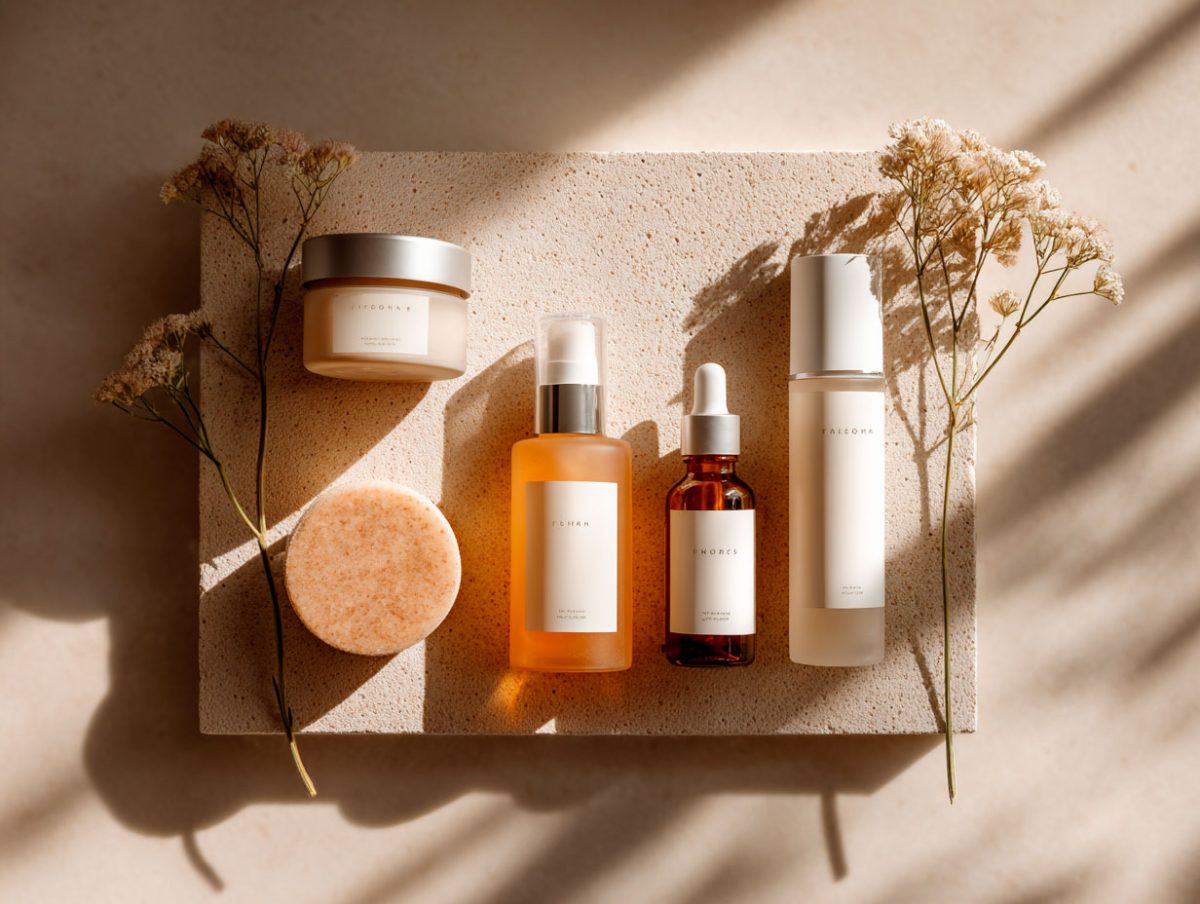 Skincare products with rustic decor