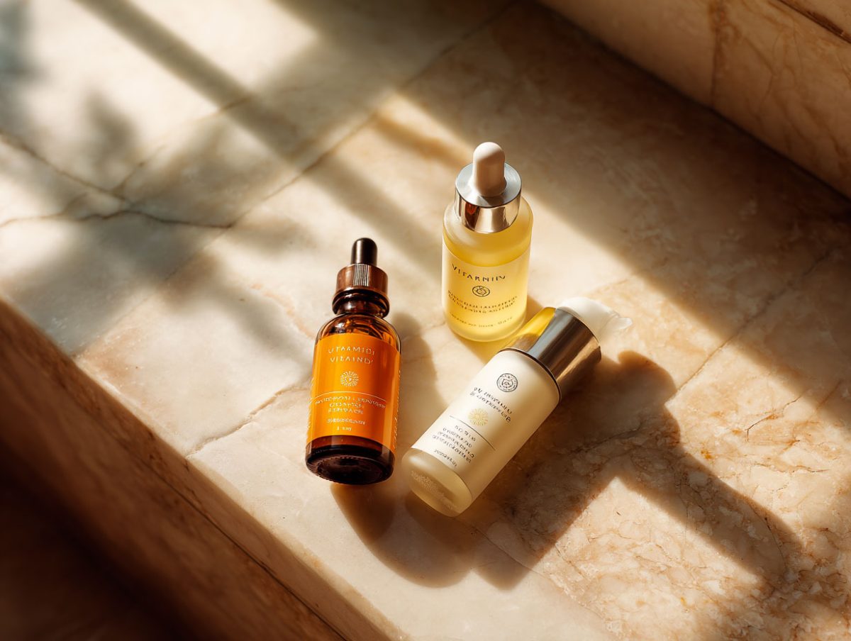 Three skincare bottles on a sunny marble surface