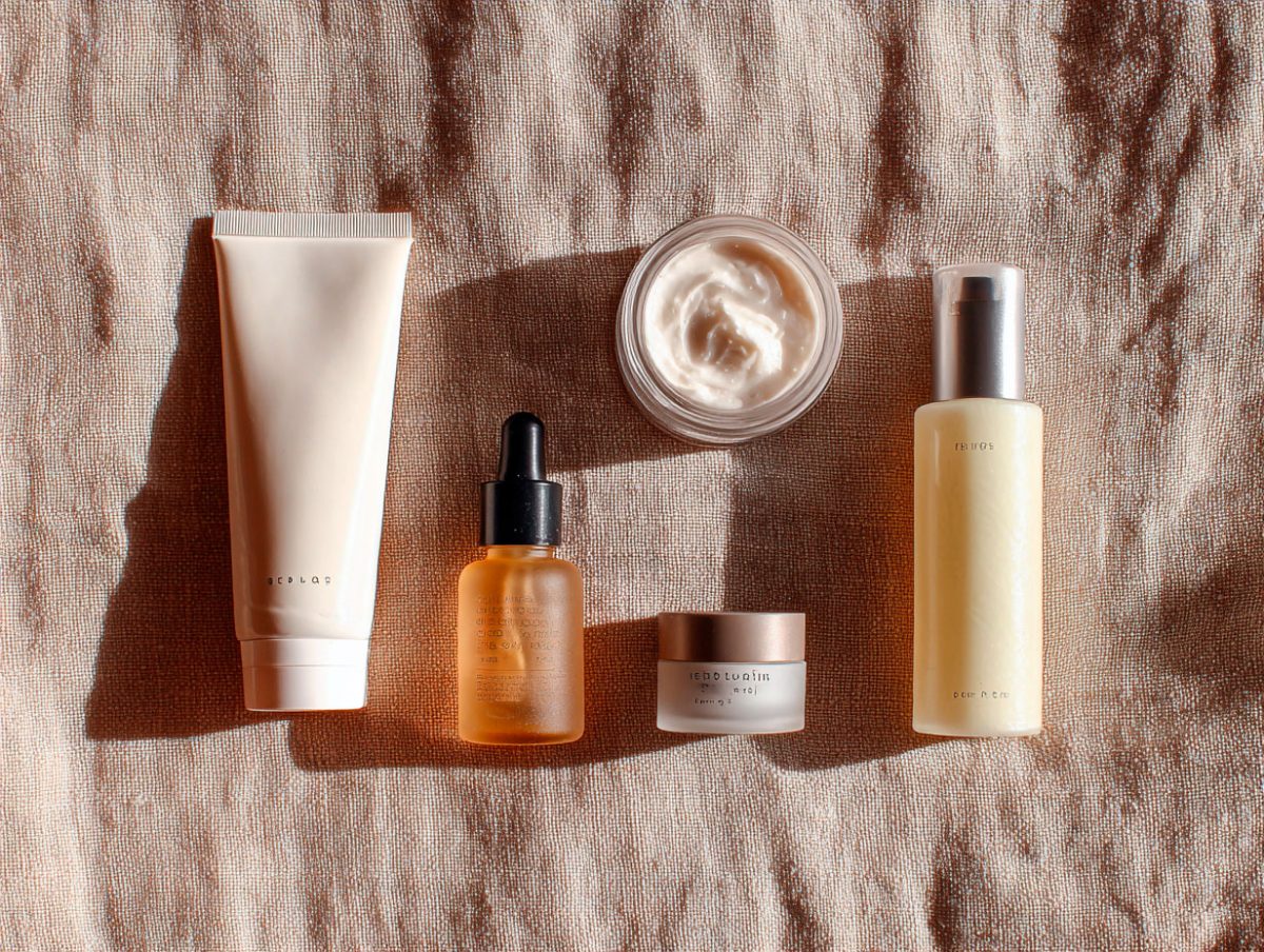 Skincare products on textured fabric