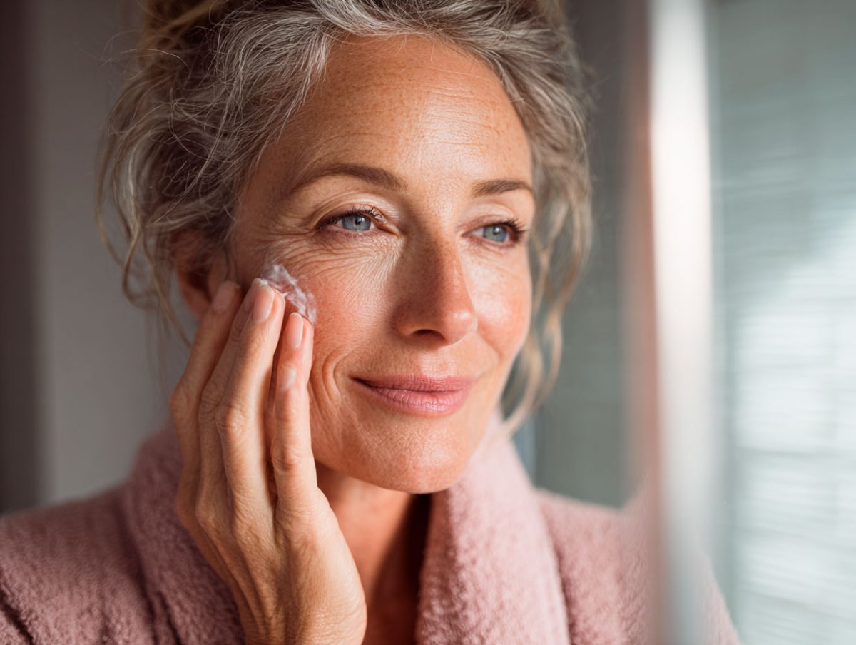 Woman applying cream to her face