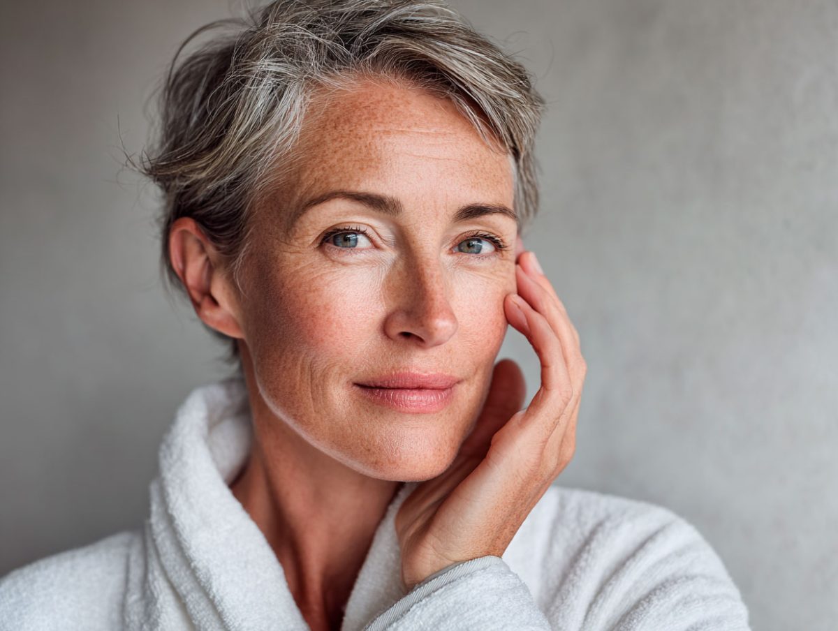 Woman with short gray hair in a robe