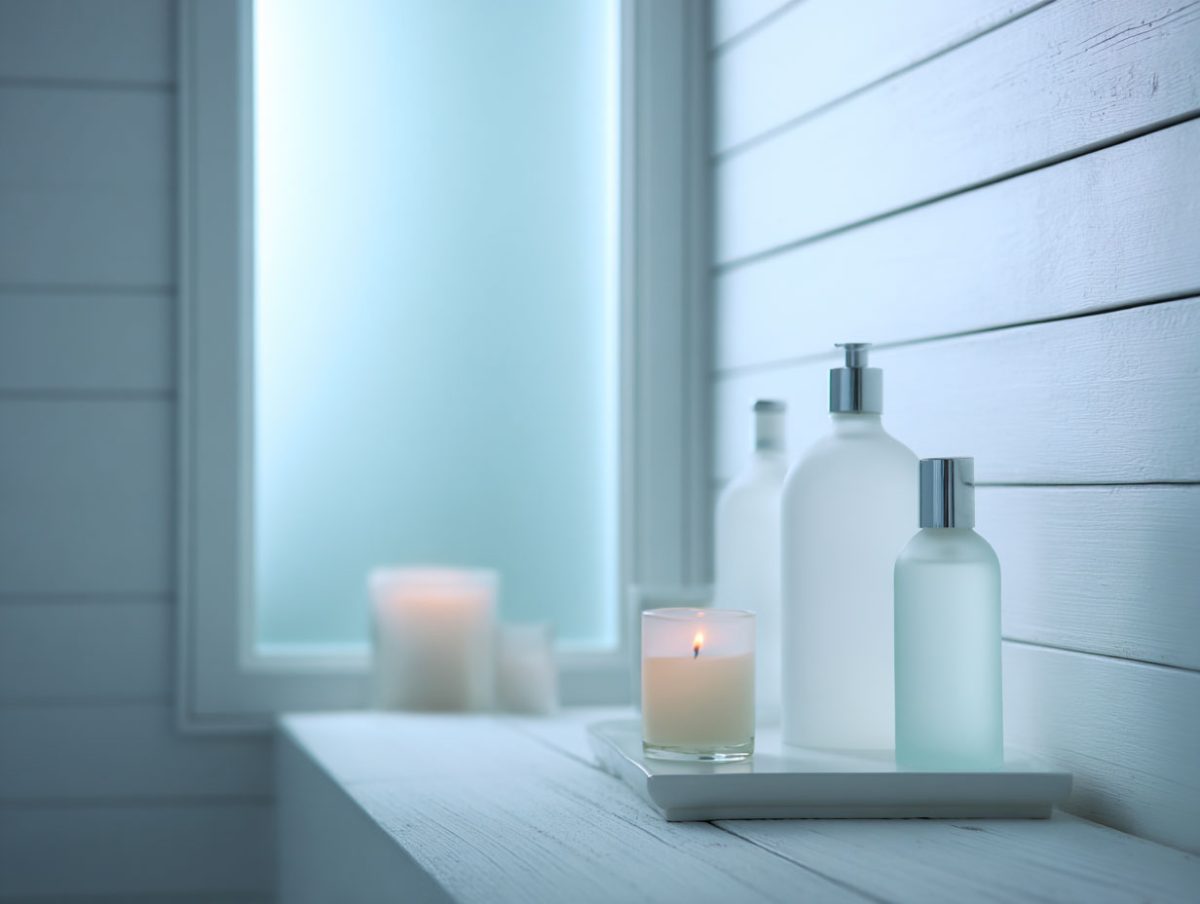 Serene bathroom with candles and lotions
