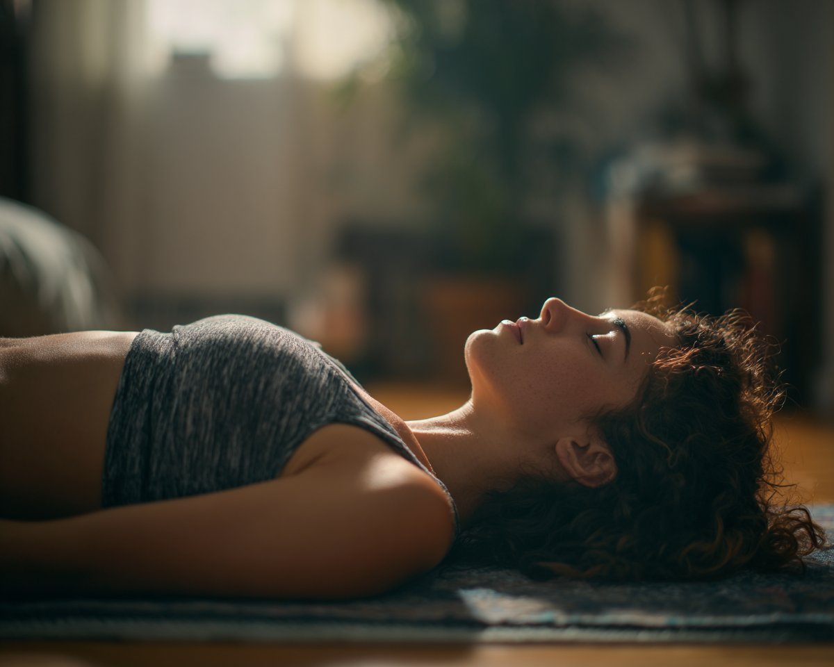Woman lying on yoga mat relaxing indoors