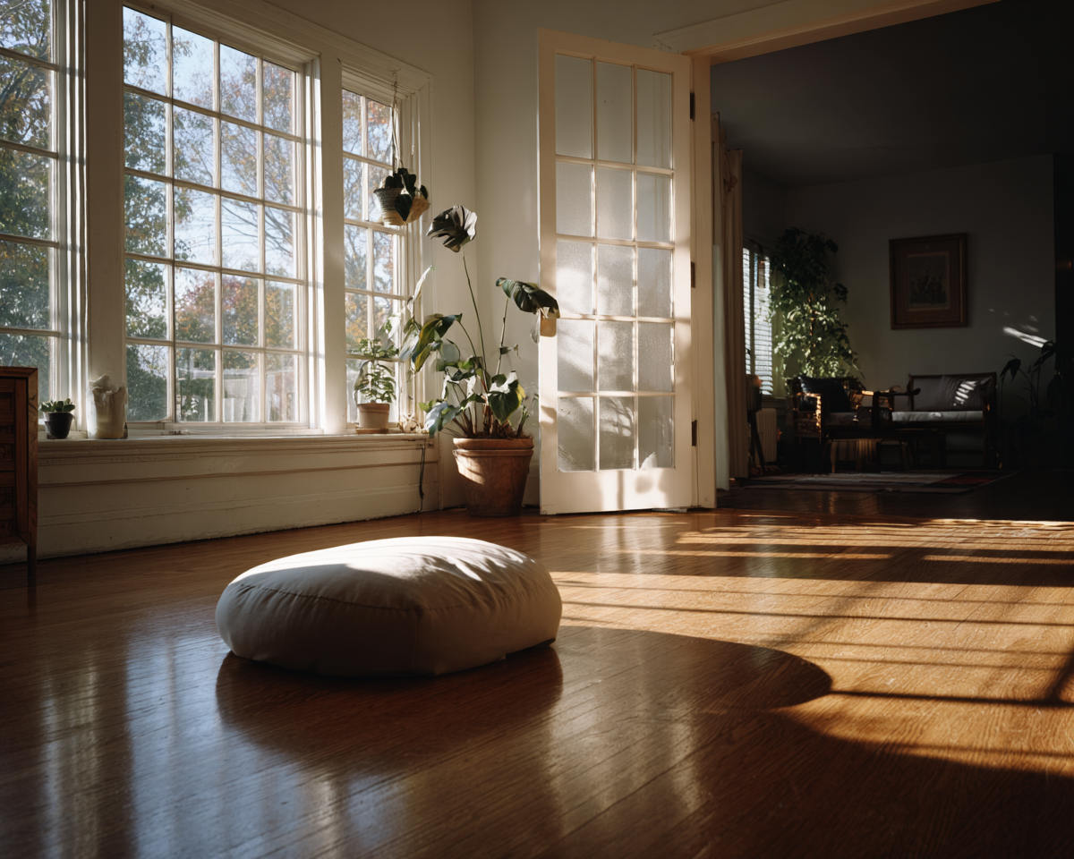 Sunlit living room with cushion and potted plants