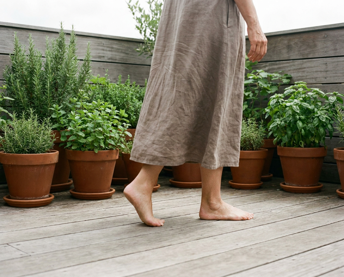 Silver-haired woman walking barefoot on wooden deck among potted herbs