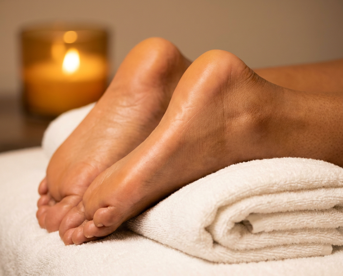 Close-up of moisturized feet with medium brown skin resting on white towel with candlelight