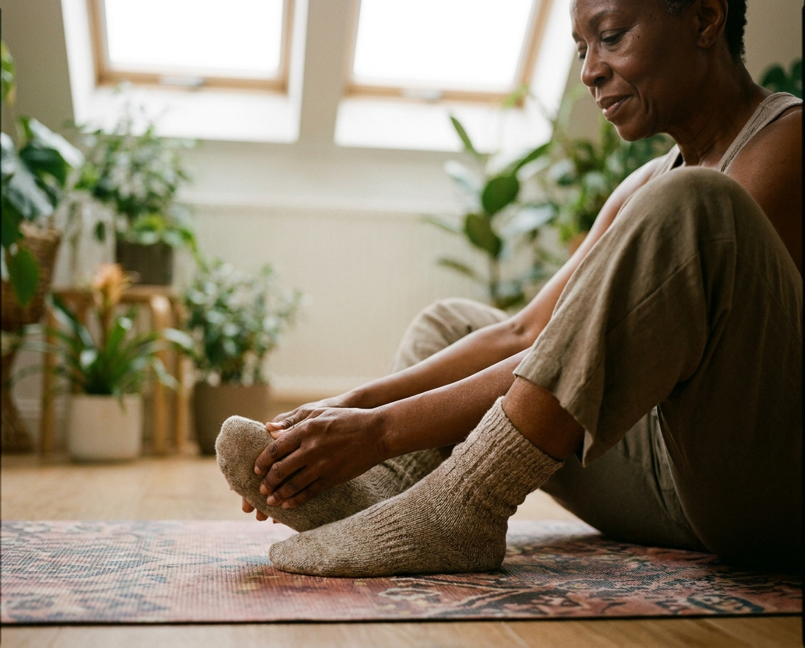 Woman with deep brown skin massaging foot on yoga mat in home studio