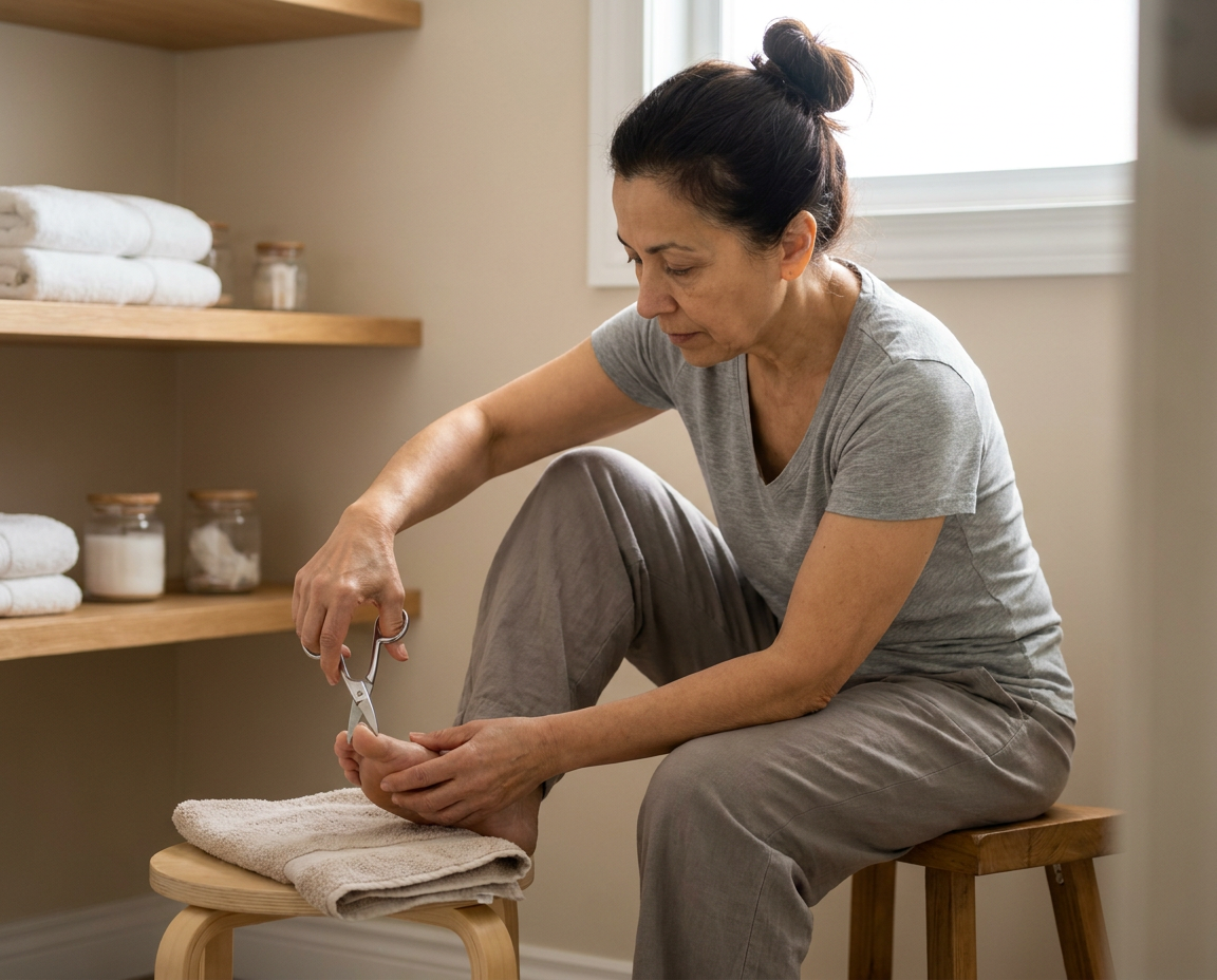 Woman with olive skin carefully trimming toenails in tidy bathroom